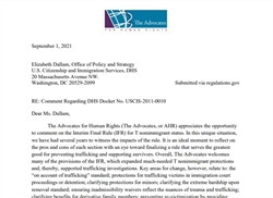 [ai] A letter dated September 1, 2021, from The Advocates for Human Rights addressed to Elizabeth Dallam, discussing comments on the Interim Final Rule for nonimmigrant status. The letter outlines the organization's stance and concerns related to human trafficking.